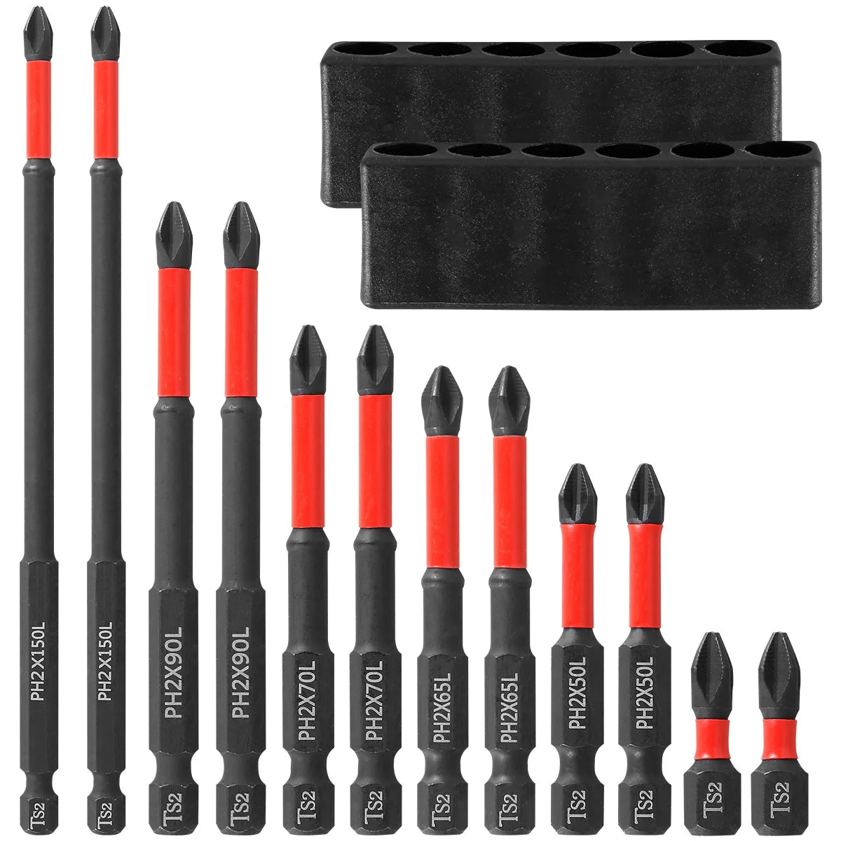 A set of impact screwdriver bits in black and red, including various sizes and types.