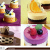 Five non-stick round cake molds with removable bases shown in various colors and contexts.