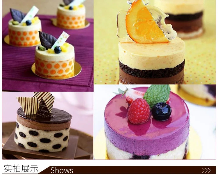Five non-stick round cake molds with removable bases shown in various colors and contexts.