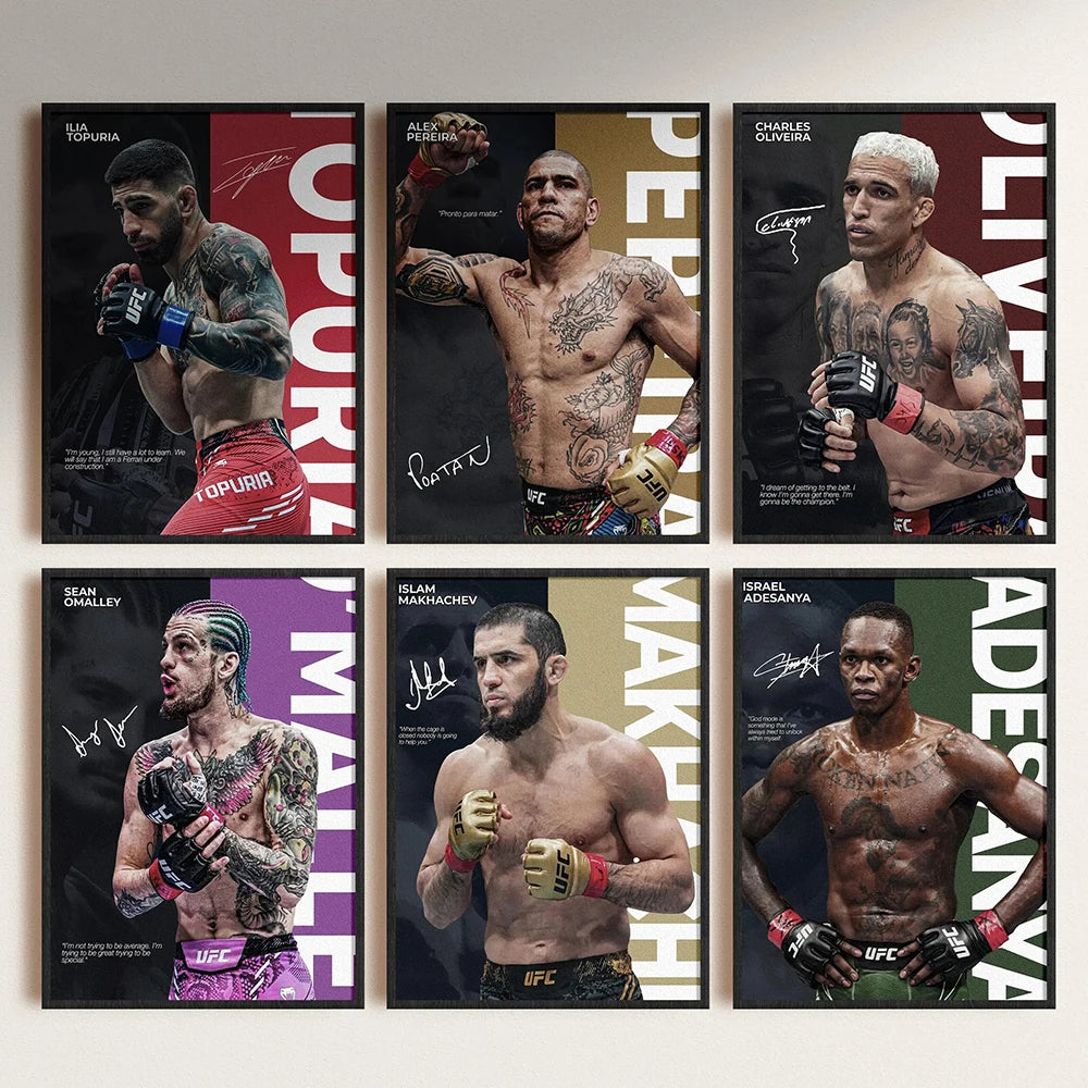 A grid of nine framed canvas prints featuring portraits of boxing legends like Alex Pereira, Charles Oliveira, and Israel Ade