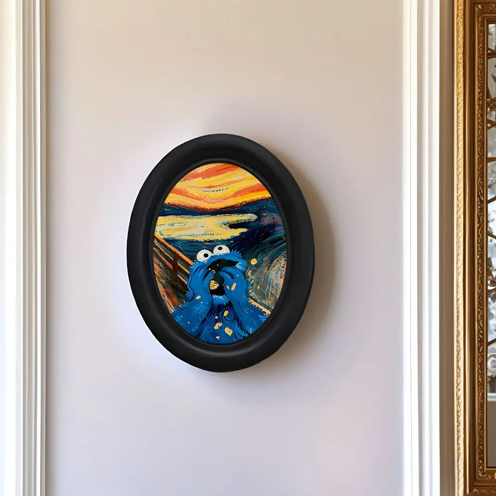 An abstract oval painting featuring vibrant orange, yellow, and blue tones set in a black frame.
