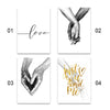 Four minimalist line art illustrations depicting love, joined hands, a heart, and the phrase just you and me.