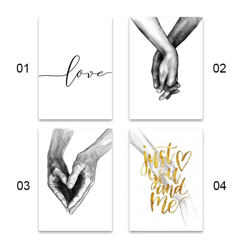 Four minimalist line art illustrations depicting love, joined hands, a heart, and the phrase just you and me.
