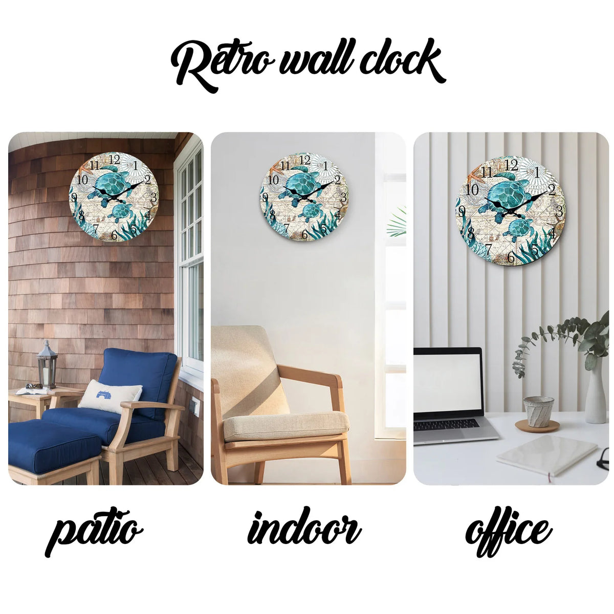 A round, handcrafted wooden wall clock featuring a sea turtle design in blue and teal tones.
