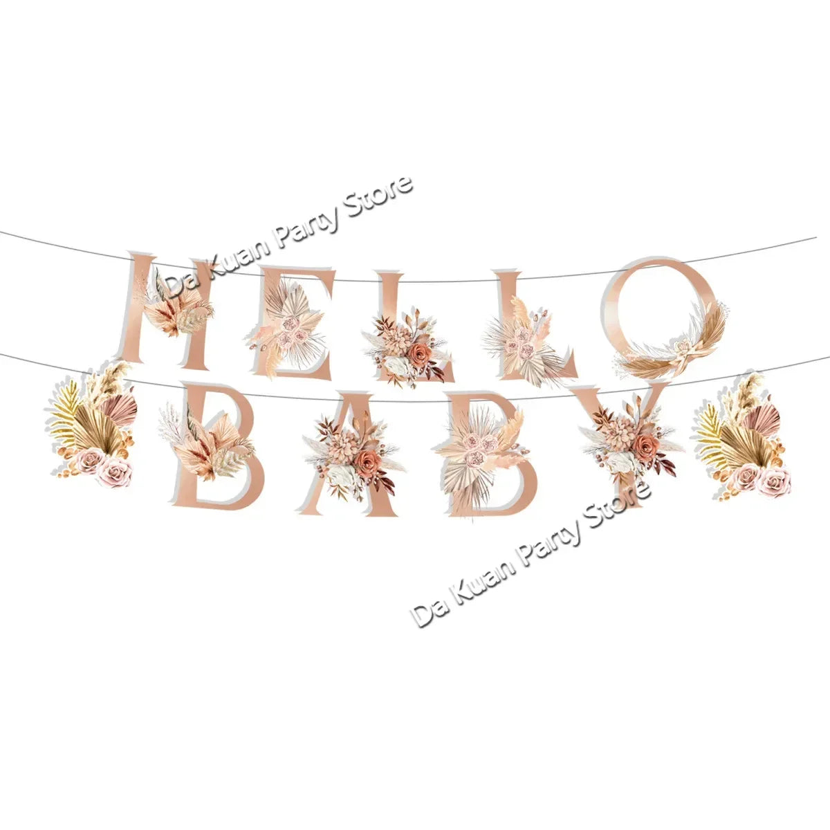 A banner garland spelling out HELLO BABY made of dried flowers and greenery for a gender reveal or baby shower.