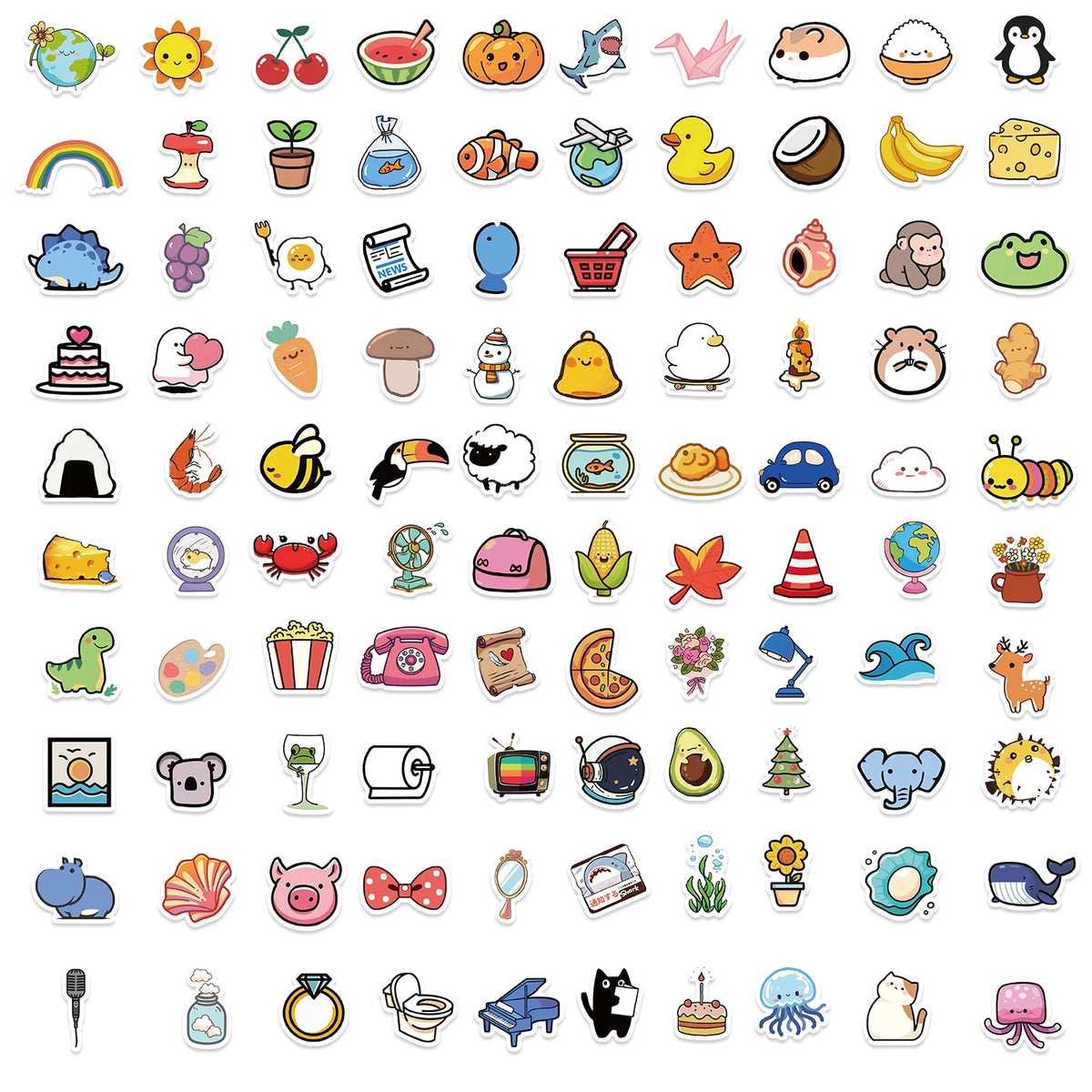 A collection of 50 assorted animal designs and objects suitable for stickers for kids and teens