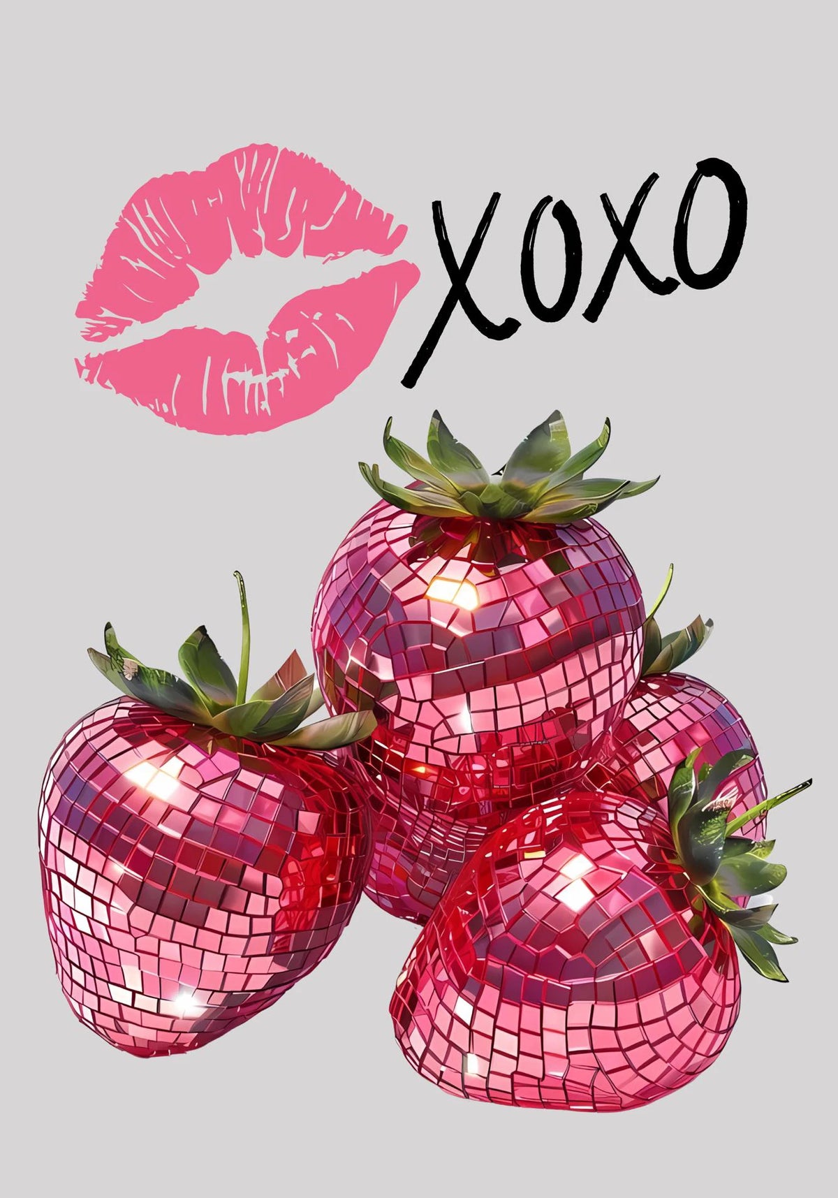 A vibrant collage of pink and red mosaic strawberries with a black 'XOXO' text above them.