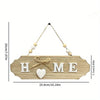 Rustic wooden door welcome sign with the word HOME carved into the wood and suspended by twine.
