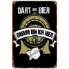 Vintage metal sign featuring a dartboard and beer theme with German text