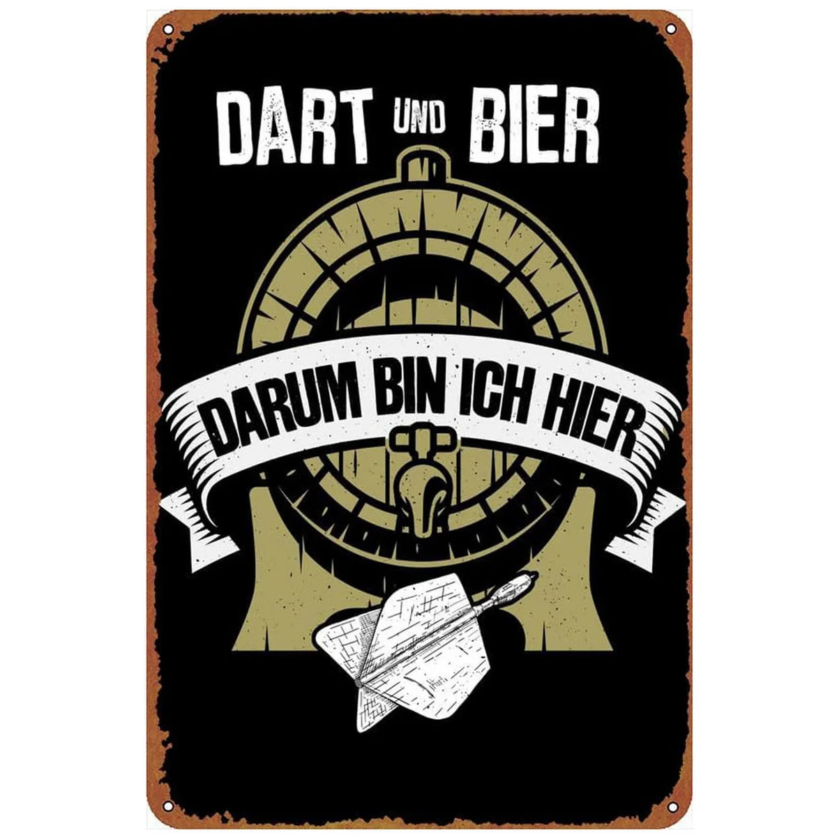 Vintage metal sign featuring a dartboard and beer theme with German text