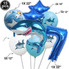 A collection of blue shark foil balloons in various sizes including 15 pieces, featuring a large 32 inch balloon.