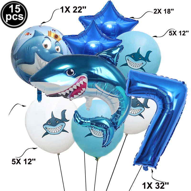 A collection of blue shark foil balloons in various sizes including 15 pieces, featuring a large 32 inch balloon.