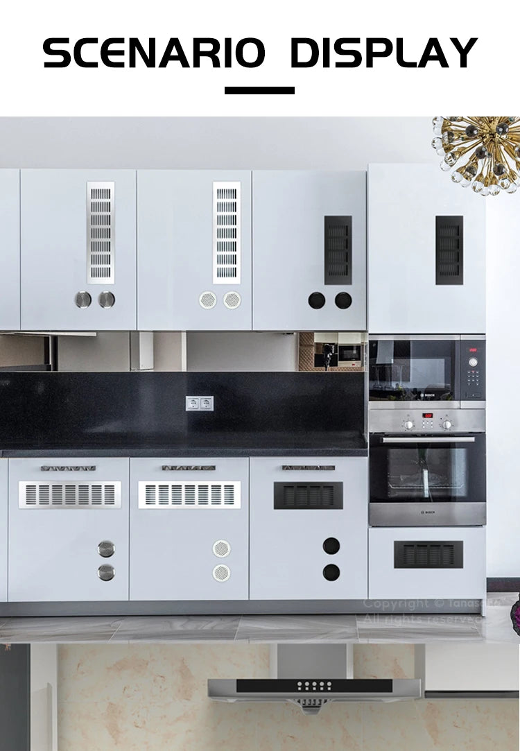 A display of modern kitchen cabinetry featuring aluminum alloy rectangular ventilation grilles.