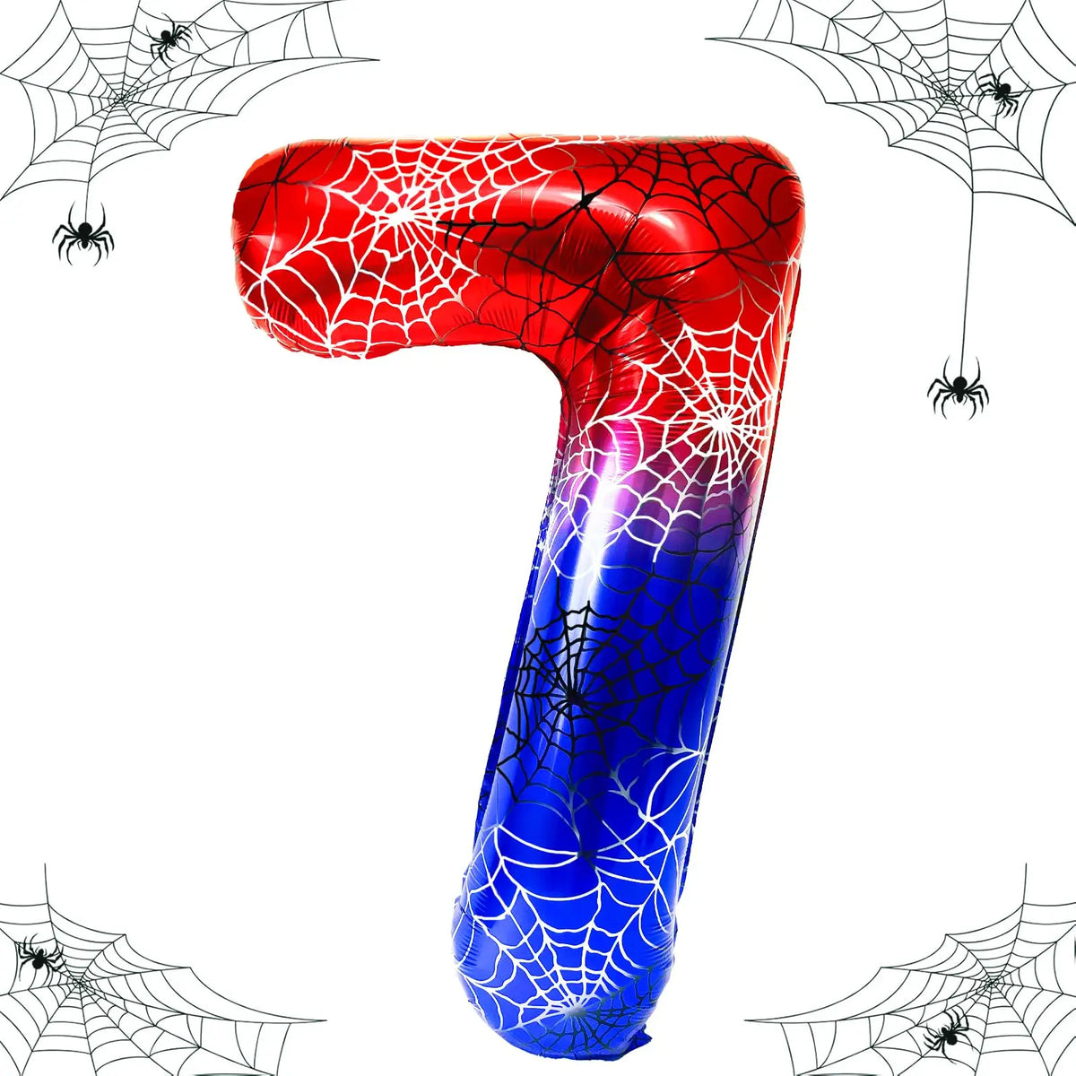 A large, red and blue foil balloon shaped like the number 7, decorated with spider web designs.