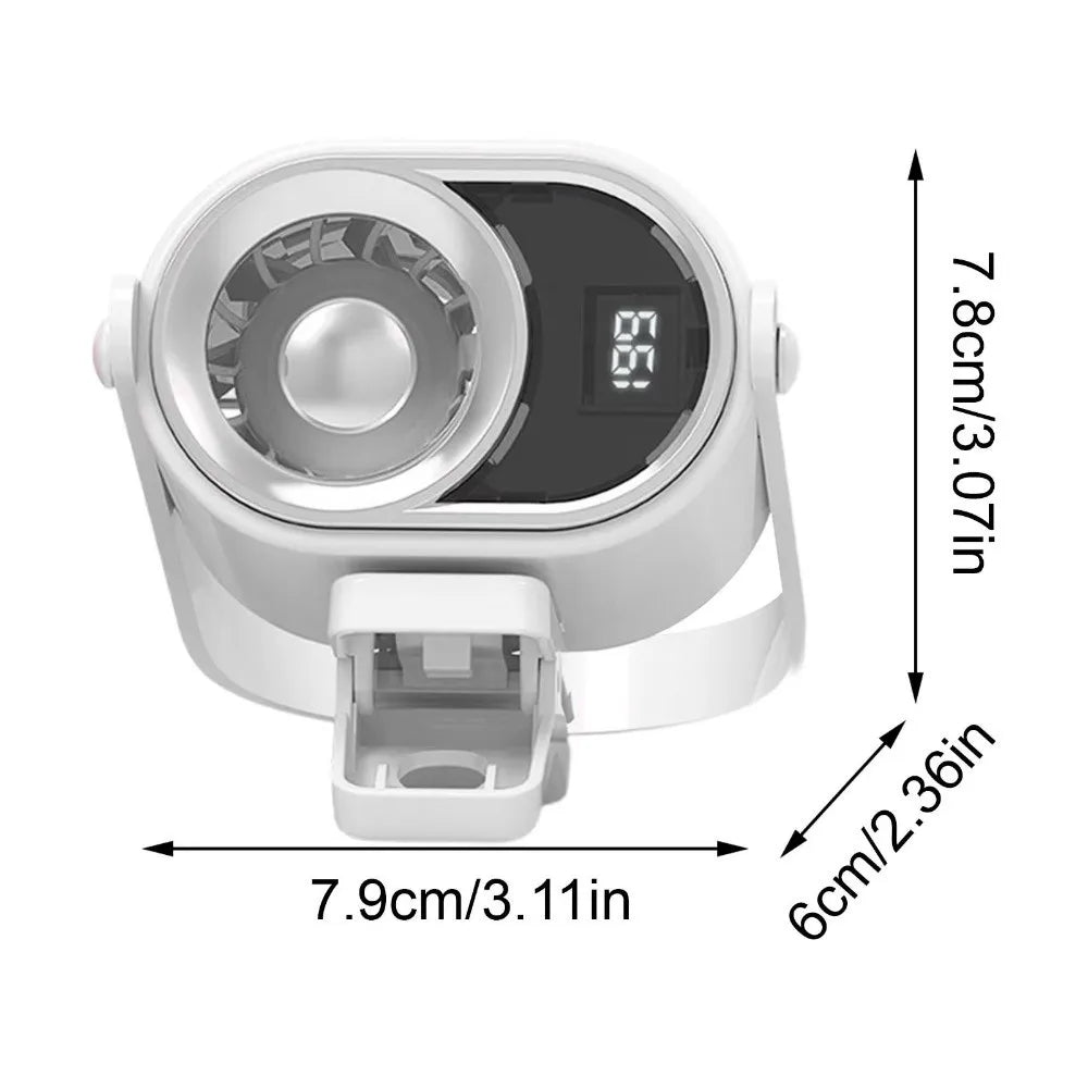 A white clip-on mini electric fan with a circular grille and a digital display is shown.