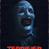 A close-up, dramatic poster featuring a pale, menacing clown face with exaggerated features and a wide open mouth against a d