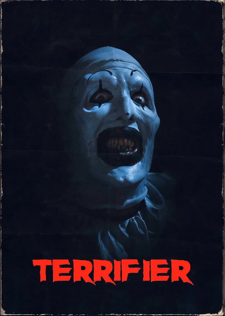 A close-up, dramatic poster featuring a pale, menacing clown face with exaggerated features and a wide open mouth against a d