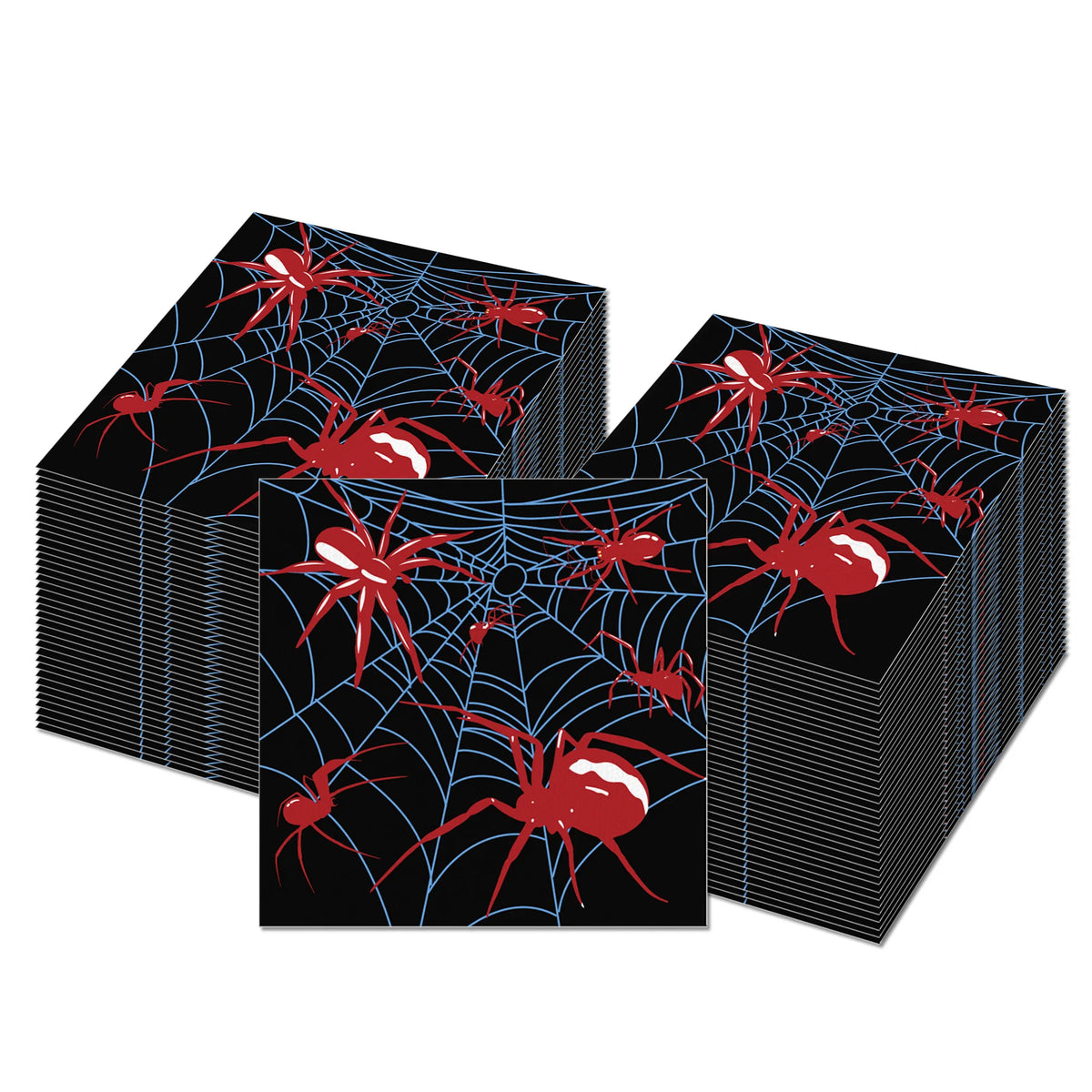 A stack of black paper napkins featuring a red spider web design with red spiders.