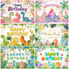 A colorful cartoon dinosaur birthday party backdrop featuring various dinosaurs in a lush woodland theme.