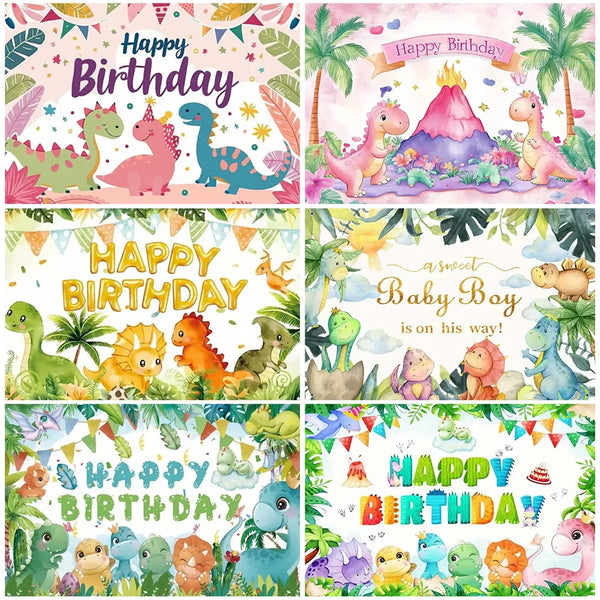 A colorful cartoon dinosaur birthday party backdrop featuring various dinosaurs in a lush woodland theme.