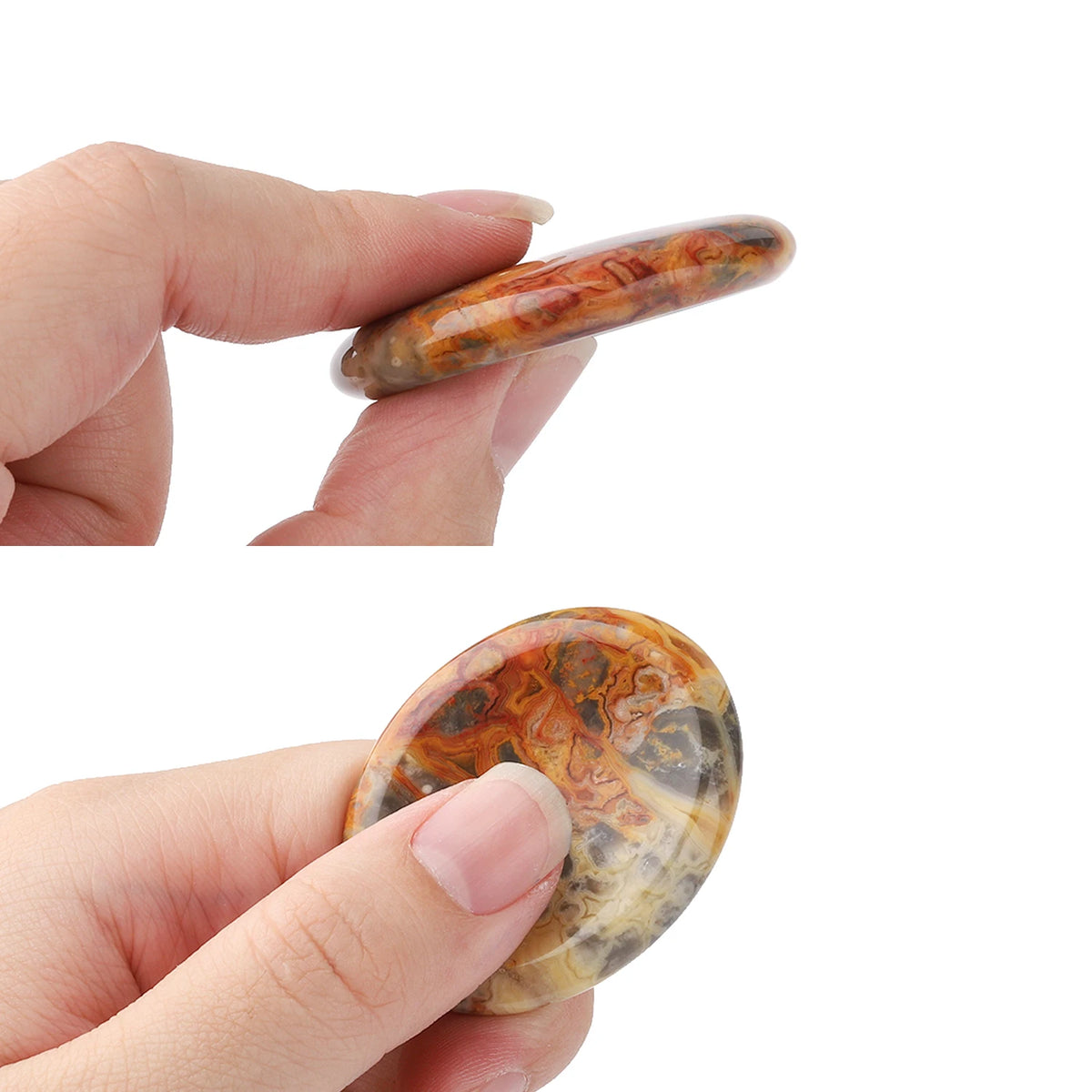A hand holds a polished, oval-shaped natural stone bead with mottled brown and orange colors.