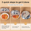 Three steps showing how to use reusable aluminum foil bowl covers for heat retention