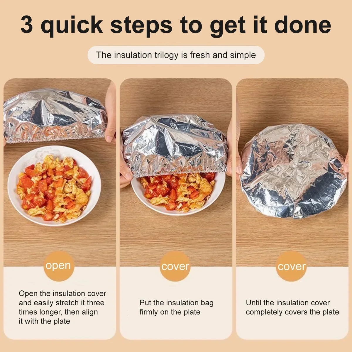 Three steps showing how to use reusable aluminum foil bowl covers for heat retention