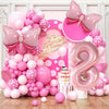 A pink and white balloon garland arch kit featuring numerous balloons in various shades of pink and white.