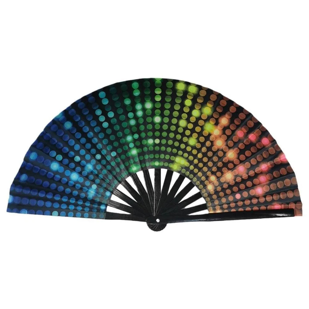 UV fluorescent handheld folding fan with a rainbow gradient of colors