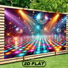 A vibrant disco dance floor backdrop banner featuring a reflective grid of colorful lights and sparkling spheres against a da