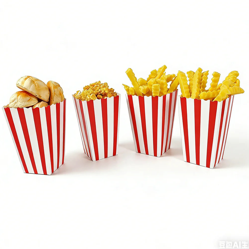 Three red and white striped paper boxes filled with potato chips and corn snacks.