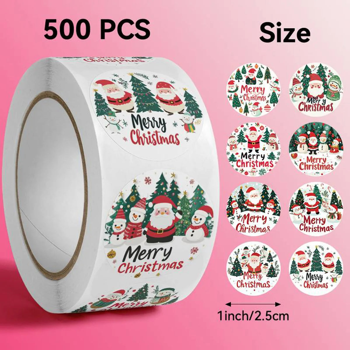 Roll of 500 festive Christmas wreath stickers for gift wrapping and card decoration in various designs