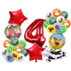 A collection of red and green balloons featuring farm animals like cows, pigs, and horses for a birthday party decoration kit