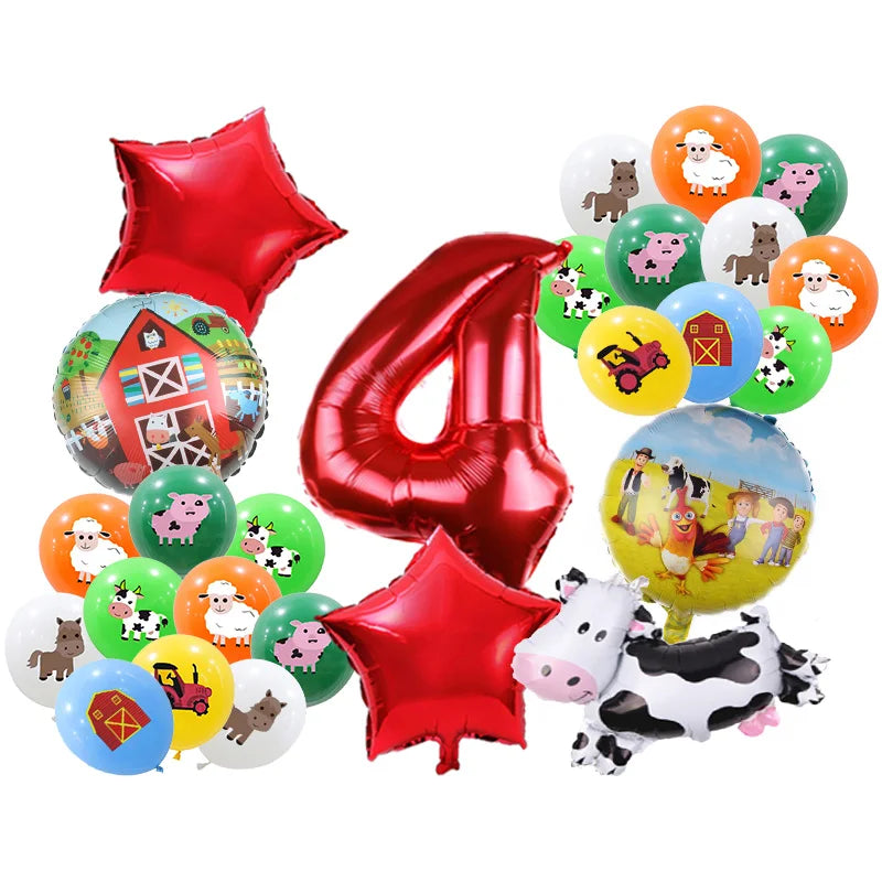 A collection of red and green balloons featuring farm animals like cows, pigs, and horses for a birthday party decoration kit
