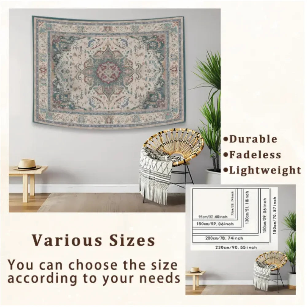 A large, ornate tapestry featuring celestial stars and a moon design displayed on a wall.