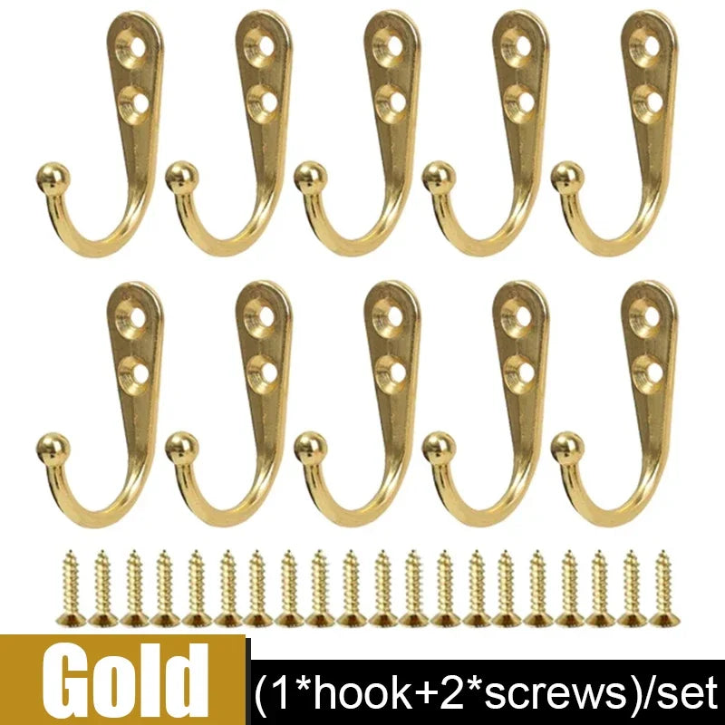 Gold aluminum wall-mounted hooks with screws sold as a set