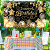 A black and gold birthday party backdrop featuring stars, confetti, and balloons on a table setup.