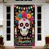 A vibrant Dia de los Muertos sugar skull door cover featuring colorful flowers and papel picado design.