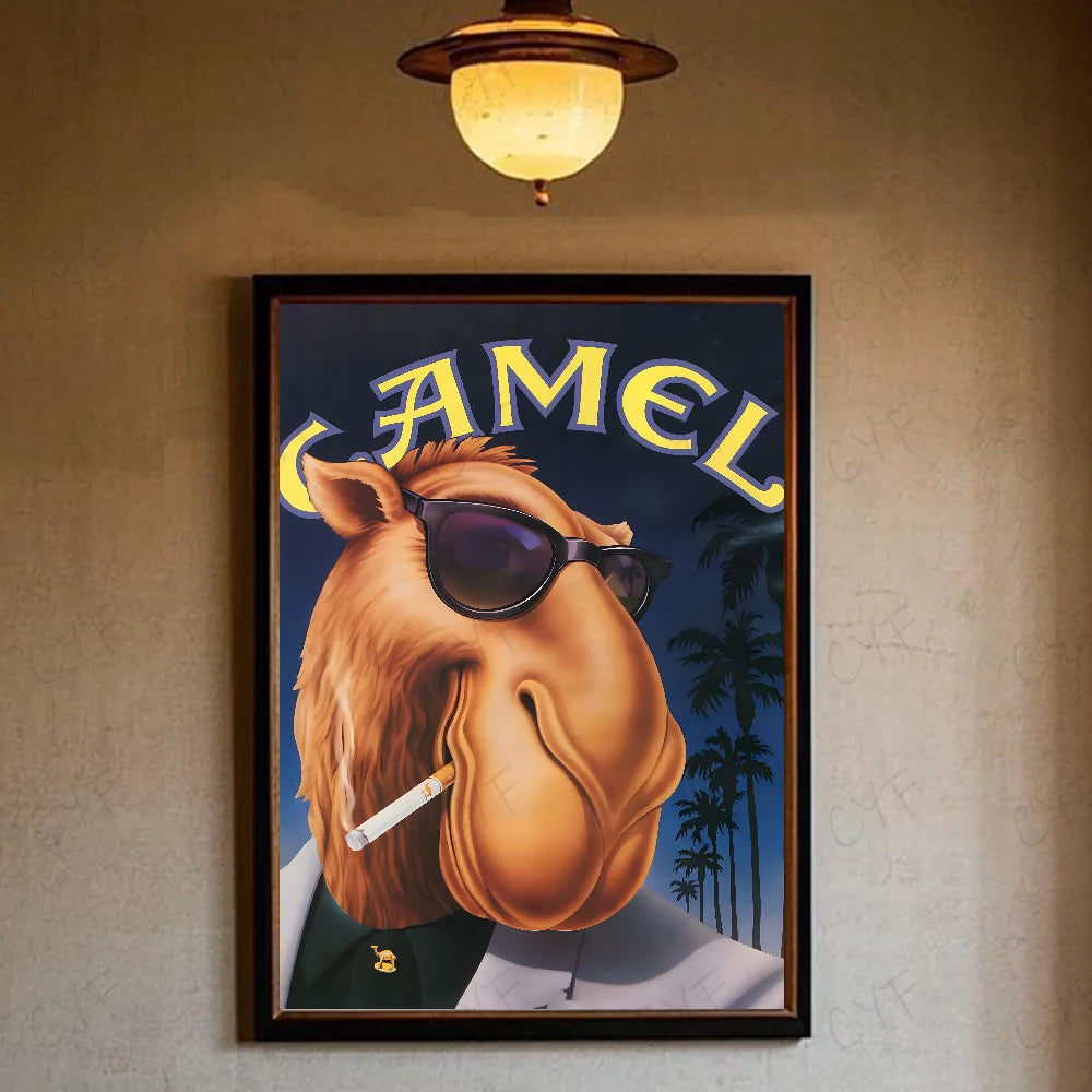 A vintage retro poster featuring a close-up portrait of a camel's head wearing sunglasses.