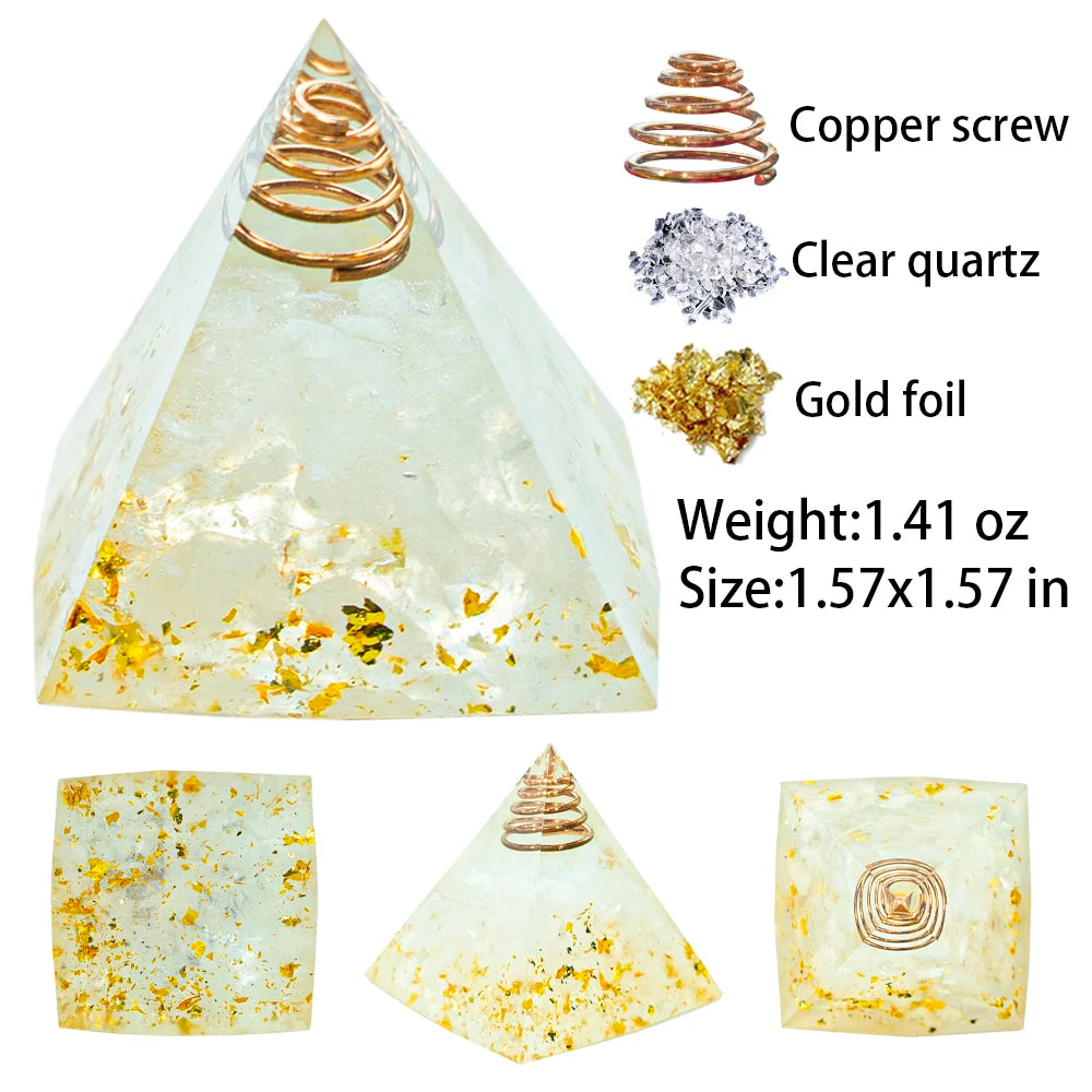 A clear quartz pyramid crystal with a copper screw and gold foil accents.