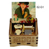 A hand-cranked wooden music box featuring characters from Once Upon a December, set in a wooden box.