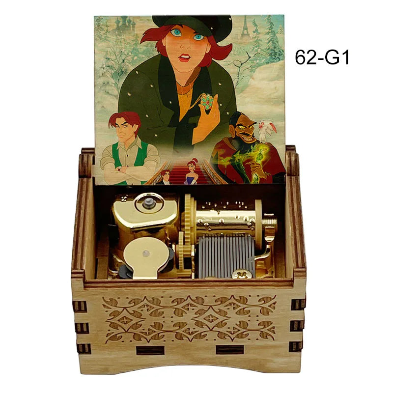 A hand-cranked wooden music box featuring characters from Once Upon a December, set in a wooden box.
