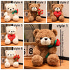 A collection of six teddy bear plush toys in various styles and colors, including red, pink, and brown tones.