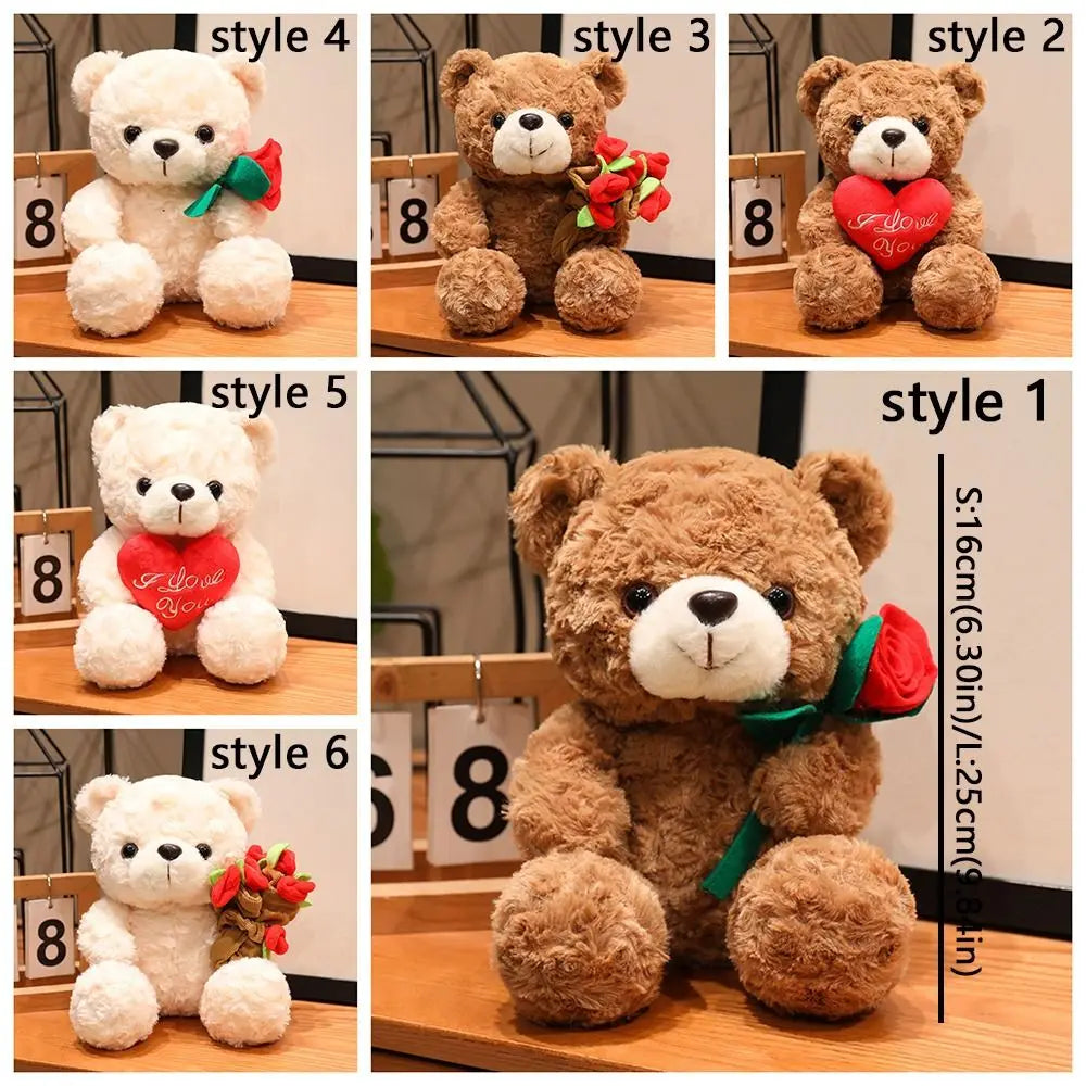 A collection of six teddy bear plush toys in various styles and colors, including red, pink, and brown tones.