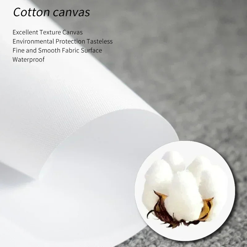 A roll of white cotton canvas material with a close-up view of fluffy white cotton balls.