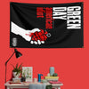 A black banner featuring the text 'Green Day Day' in white and red, with a hand graphic.