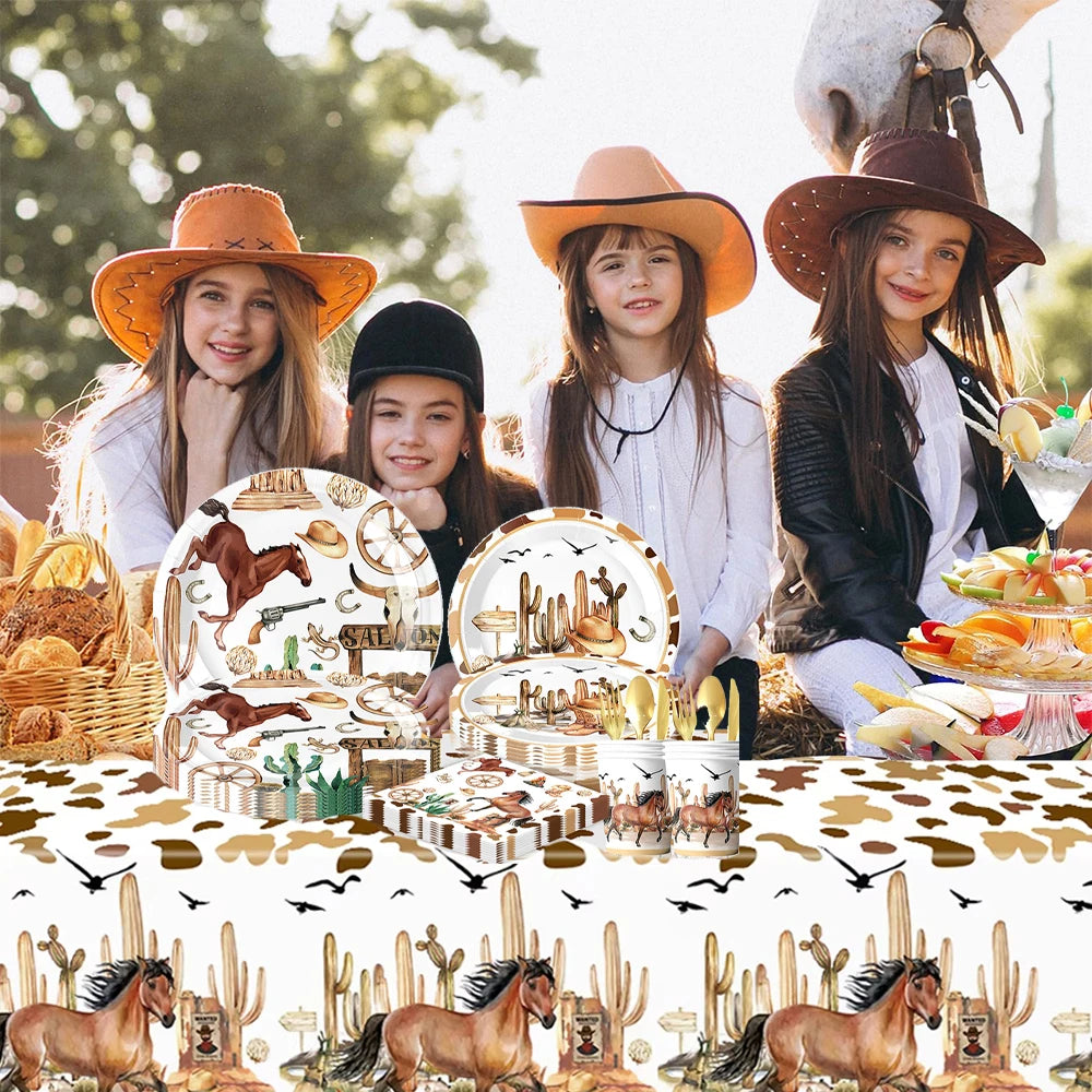A family posing with a Western theme foil horse number balloon set featuring horses and desert scenery.