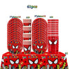 A set of 61 pieces of red and black superhero themed party tableware including plates, cups, and napkins.