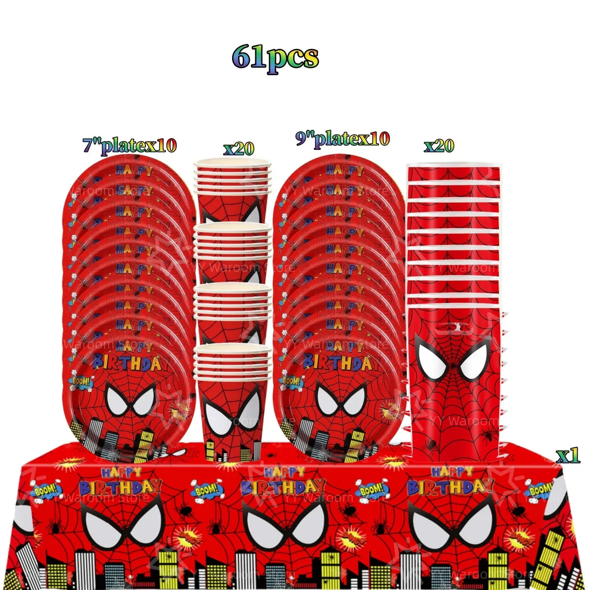 A set of 61 pieces of red and black superhero themed party tableware including plates, cups, and napkins.