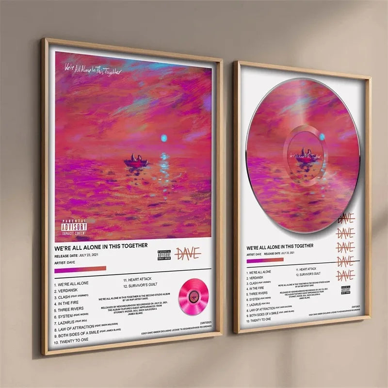 A framed poster featuring the album cover for Dave's Aesthetic Hip Hop album, showing a vibrant pink and purple sunset backgr